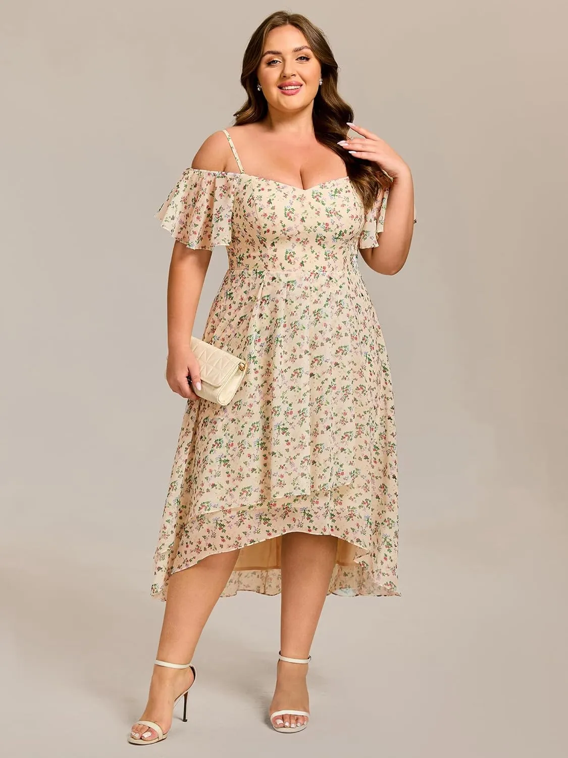 Ever-Pretty Women's Plus Size Ruffle Sleeves Off Shoulder Empire Waist A Line Chiffon Summer Wedding Guest Dress 02103-DA