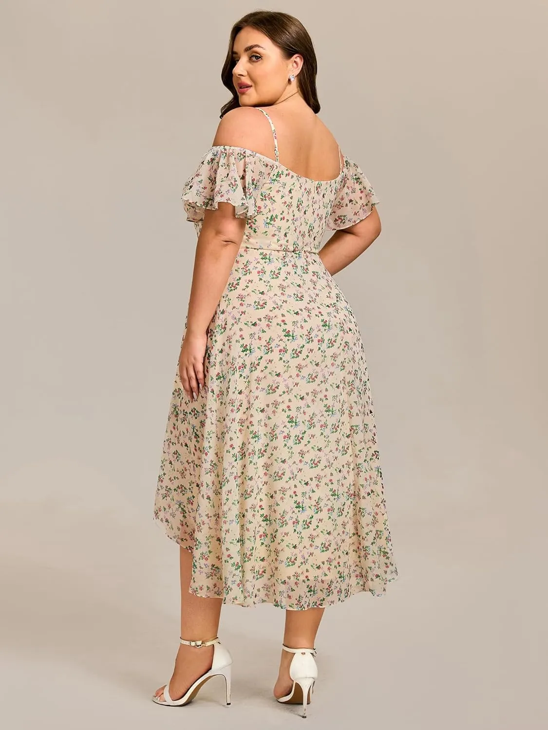 Ever-Pretty Women's Plus Size Ruffle Sleeves Off Shoulder Empire Waist A Line Chiffon Summer Wedding Guest Dress 02103-DA