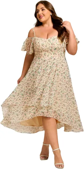 Ever-Pretty Women's Plus Size Ruffle Sleeves Off Shoulder Empire Waist A Line Chiffon Summer Wedding Guest Dress 02103-DA