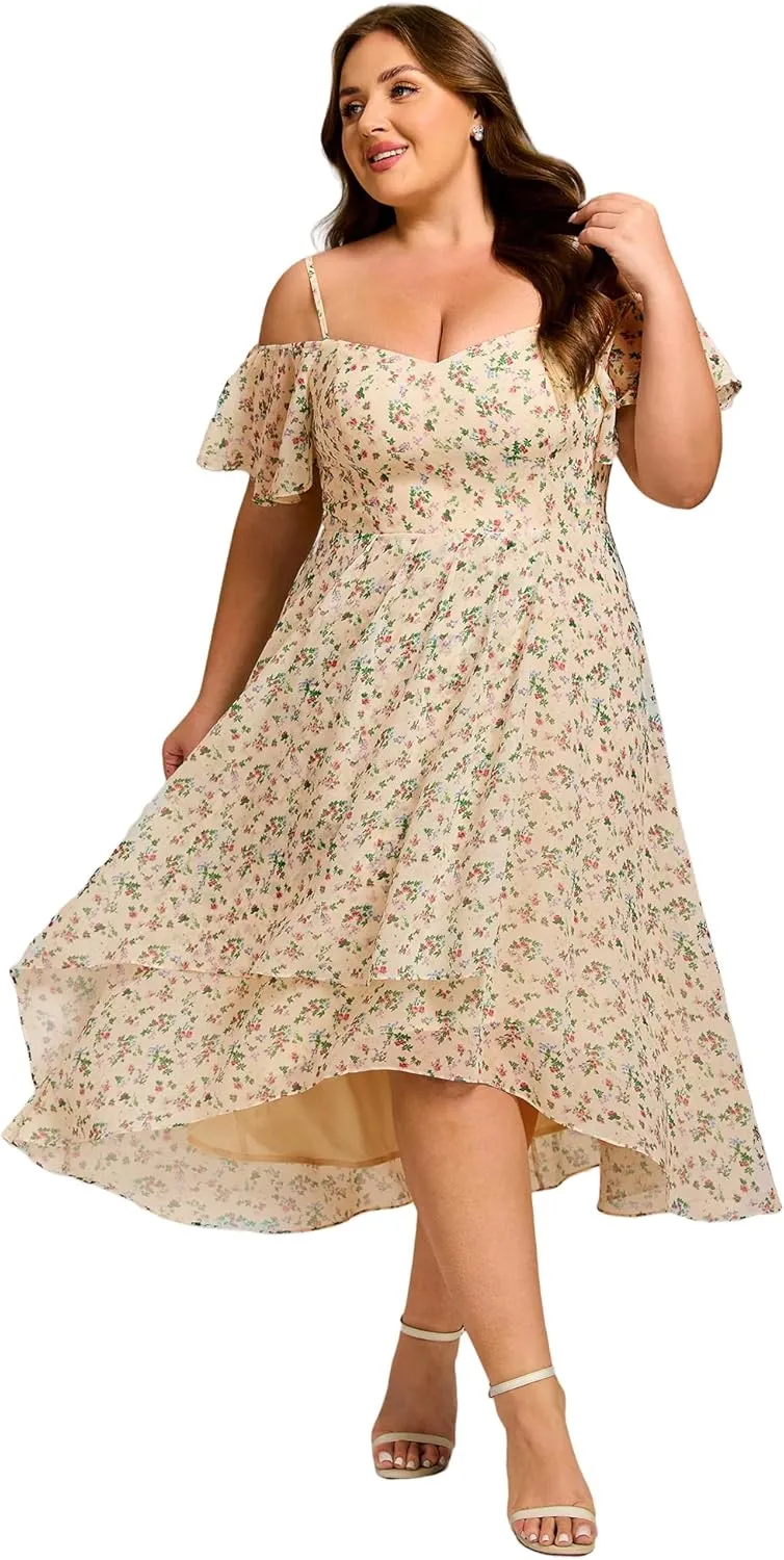 Ever-Pretty Women's Plus Size Ruffle Sleeves Off Shoulder Empire Waist A Line Chiffon Summer Wedding Guest Dress 02103-DA