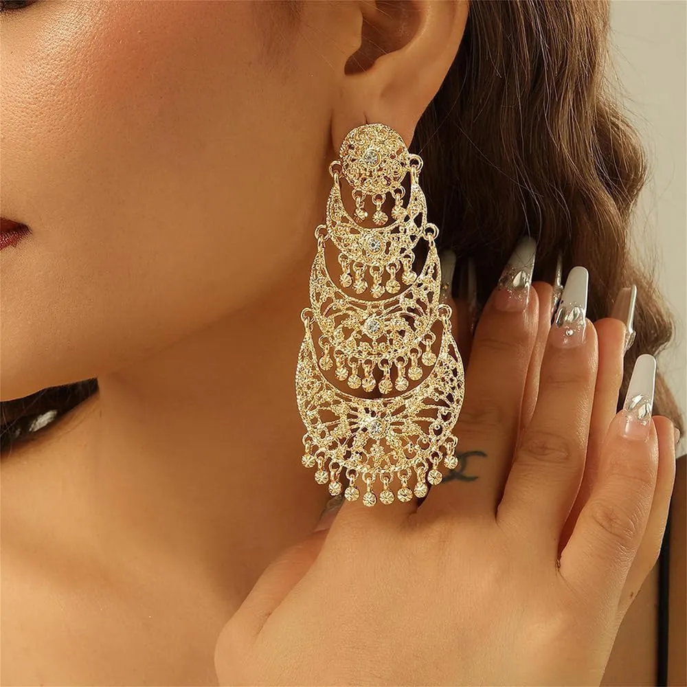 Extra Big Long Tassel Dangling Earring for Women Wedding Statement Crystal Stunning Tiny Flower Beaded Chandelier Gold Plated Earrings Indian Boho Traditional Bride Party Wear Festival Holiday Jewelry Gift