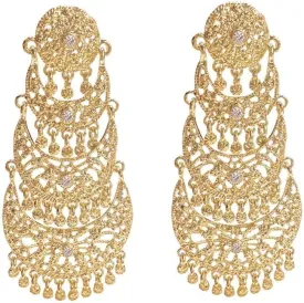 Extra Big Long Tassel Dangling Earring for Women Wedding Statement Crystal Stunning Tiny Flower Beaded Chandelier Gold Plated Earrings Indian Boho Traditional Bride Party Wear Festival Holiday Jewelry Gift