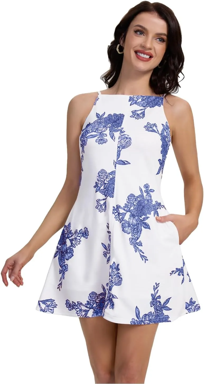 FANCYINN Women's Short Elegant Dresses Adjustable Spaghetti Strap with Pockets Backless Elegant Dress Date Night Dress
