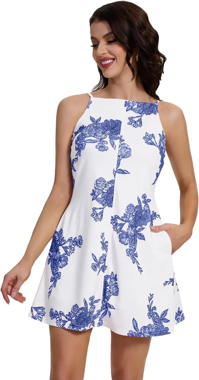 FANCYINN Women's Short Elegant Dresses Adjustable Spaghetti Strap with Pockets Backless Elegant Dress Date Night Dress