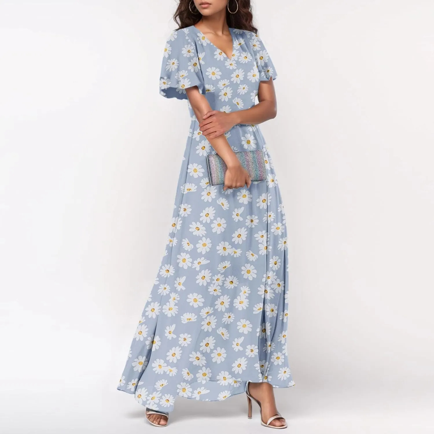 Floral Maxi Dress Casual Summer Chiffon Short Sleeve A Line Dresses for Wedding Guest Classy Tea Party V Neck Dress