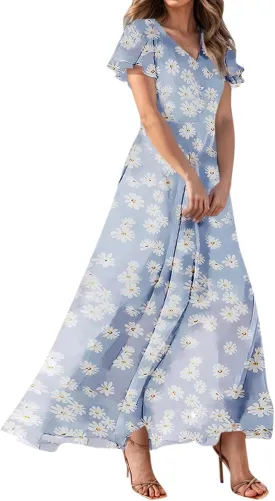 Floral Maxi Dress Casual Summer Chiffon Short Sleeve A Line Dresses for Wedding Guest Classy Tea Party V Neck Dress