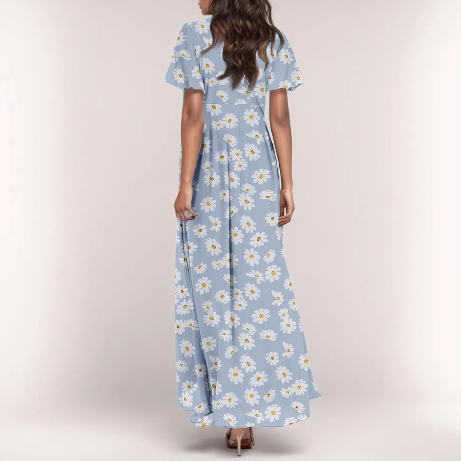 Floral Maxi Dress Casual Summer Chiffon Short Sleeve A Line Dresses for Wedding Guest Classy Tea Party V Neck Dress