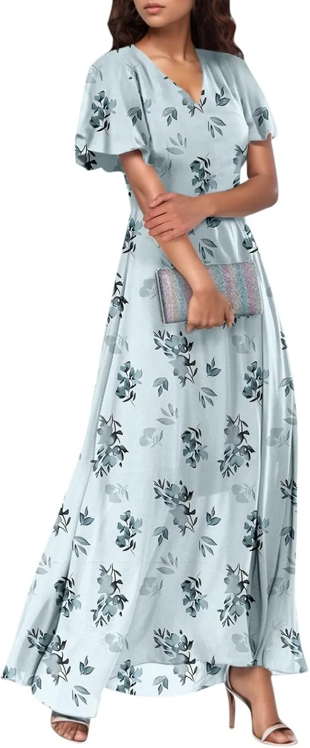 Floral Maxi Dress Casual Summer Chiffon Short Sleeve A Line Dresses for Wedding Guest Classy Tea Party V Neck Dress