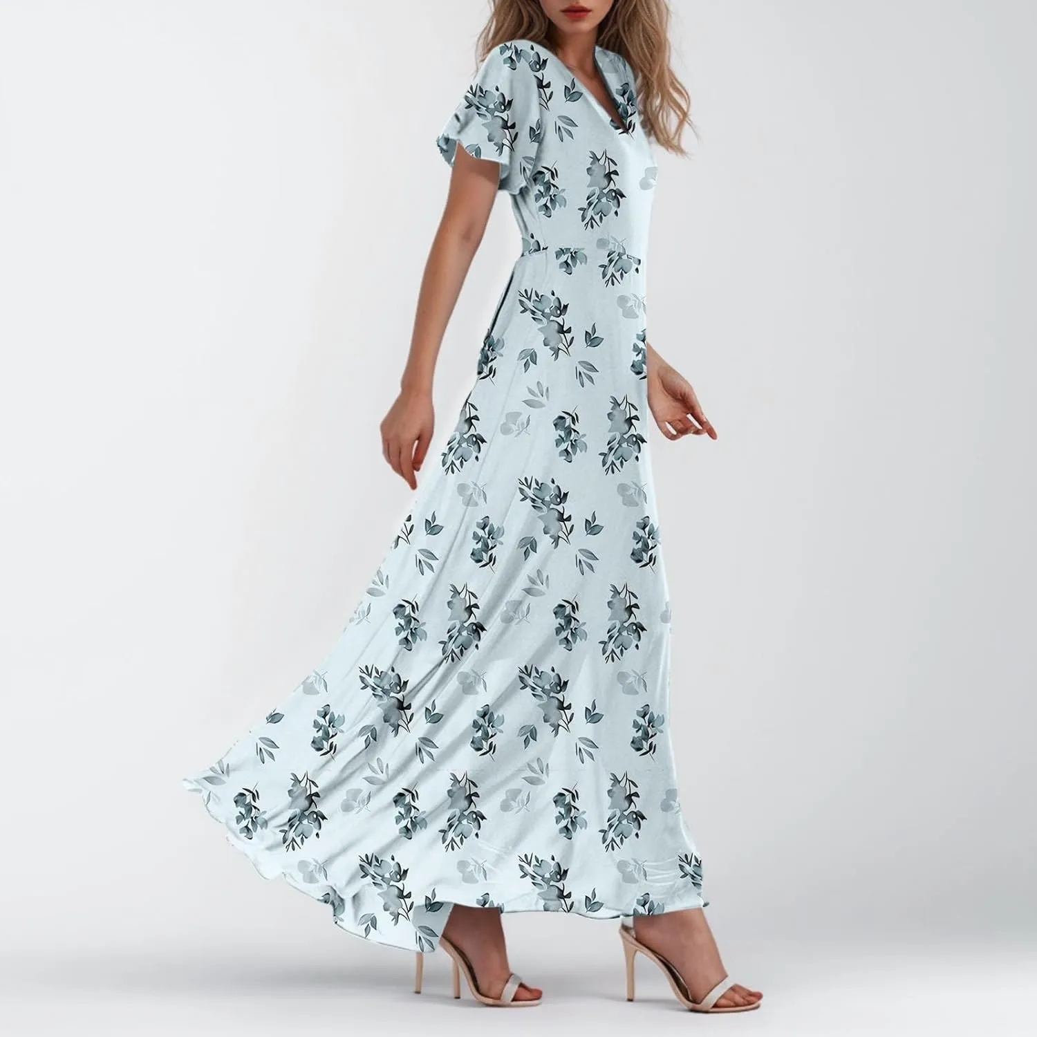 Floral Maxi Dress Casual Summer Chiffon Short Sleeve A Line Dresses for Wedding Guest Classy Tea Party V Neck Dress