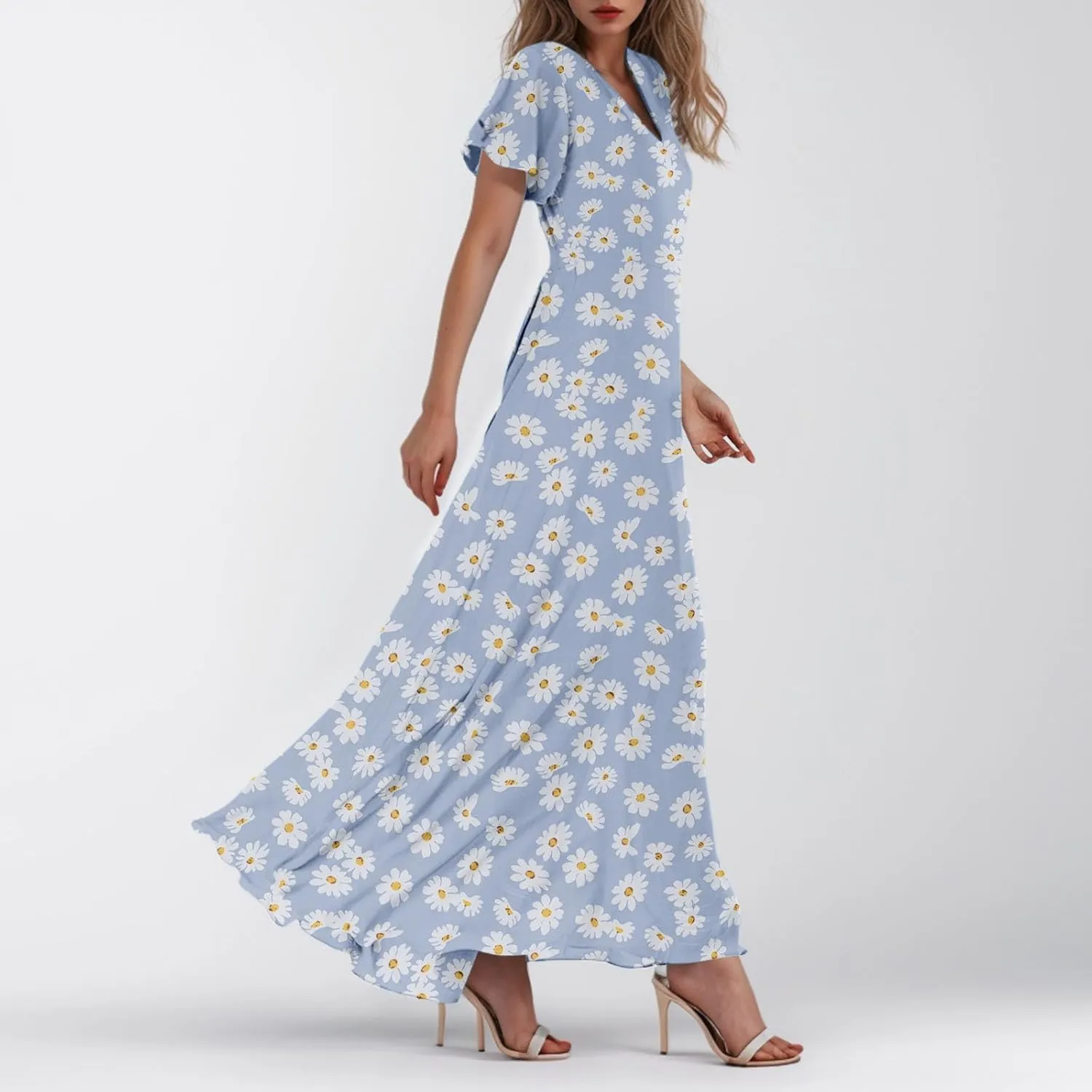 Floral Maxi Dress Casual Summer Chiffon Short Sleeve A Line Dresses for Wedding Guest Classy Tea Party V Neck Dress
