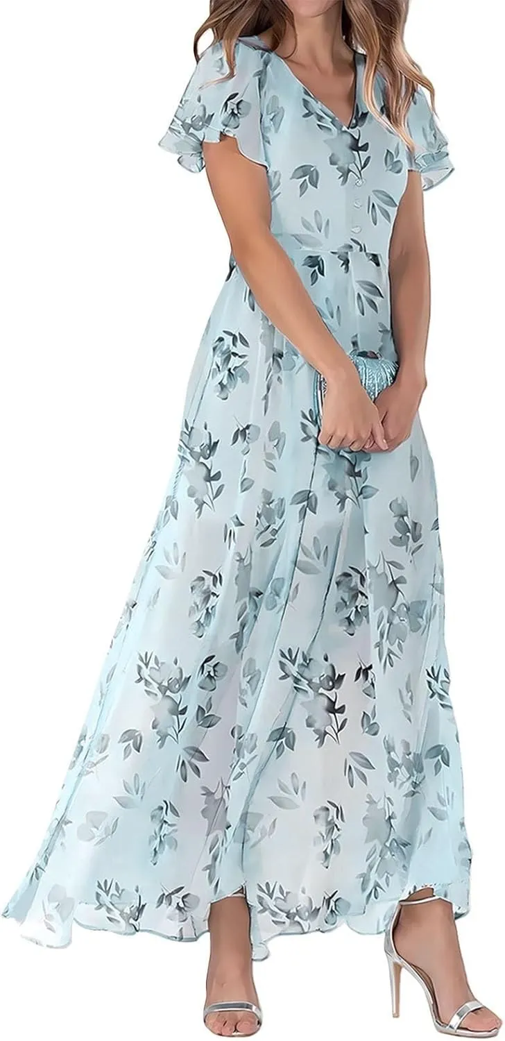Floral Maxi Dress Casual Summer Chiffon Short Sleeve A Line Dresses for Wedding Guest Classy Tea Party V Neck Dress