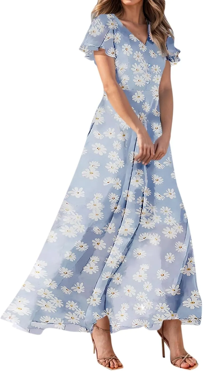 Floral Maxi Dress Casual Summer Chiffon Short Sleeve A Line Dresses for Wedding Guest Classy Tea Party V Neck Dress