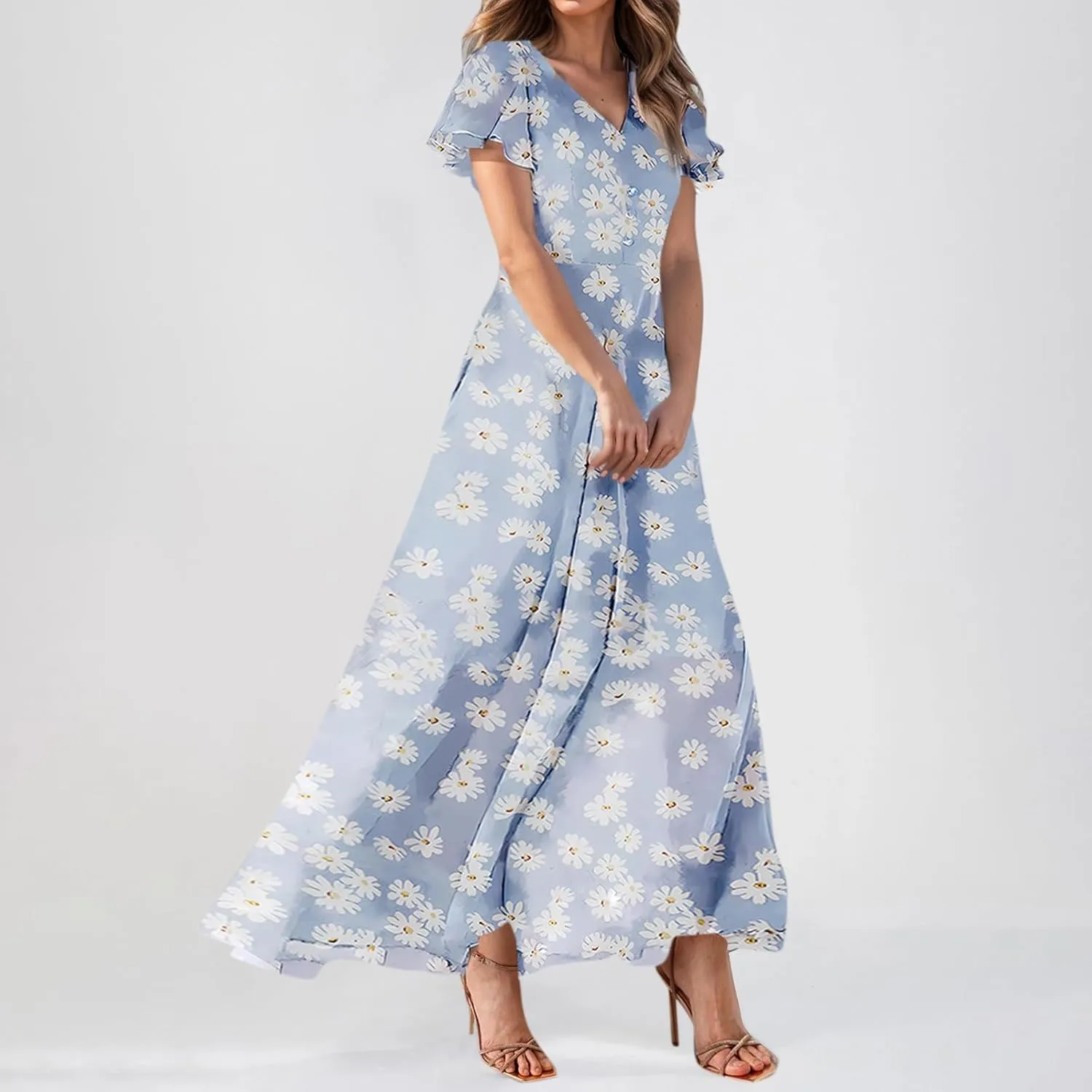 Floral Maxi Dress Casual Summer Chiffon Short Sleeve A Line Dresses for Wedding Guest Classy Tea Party V Neck Dress