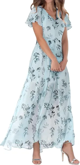 Floral Maxi Dress Casual Summer Chiffon Short Sleeve A Line Dresses for Wedding Guest Classy Tea Party V Neck Dress