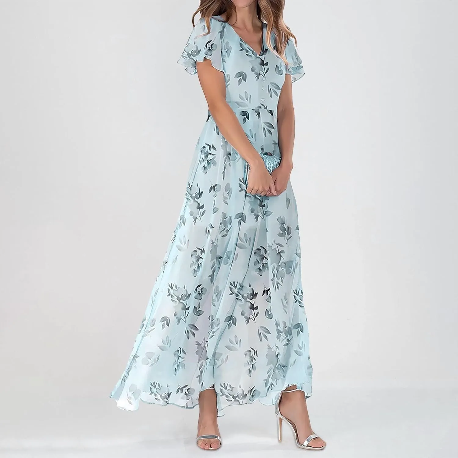 Floral Maxi Dress Casual Summer Chiffon Short Sleeve A Line Dresses for Wedding Guest Classy Tea Party V Neck Dress