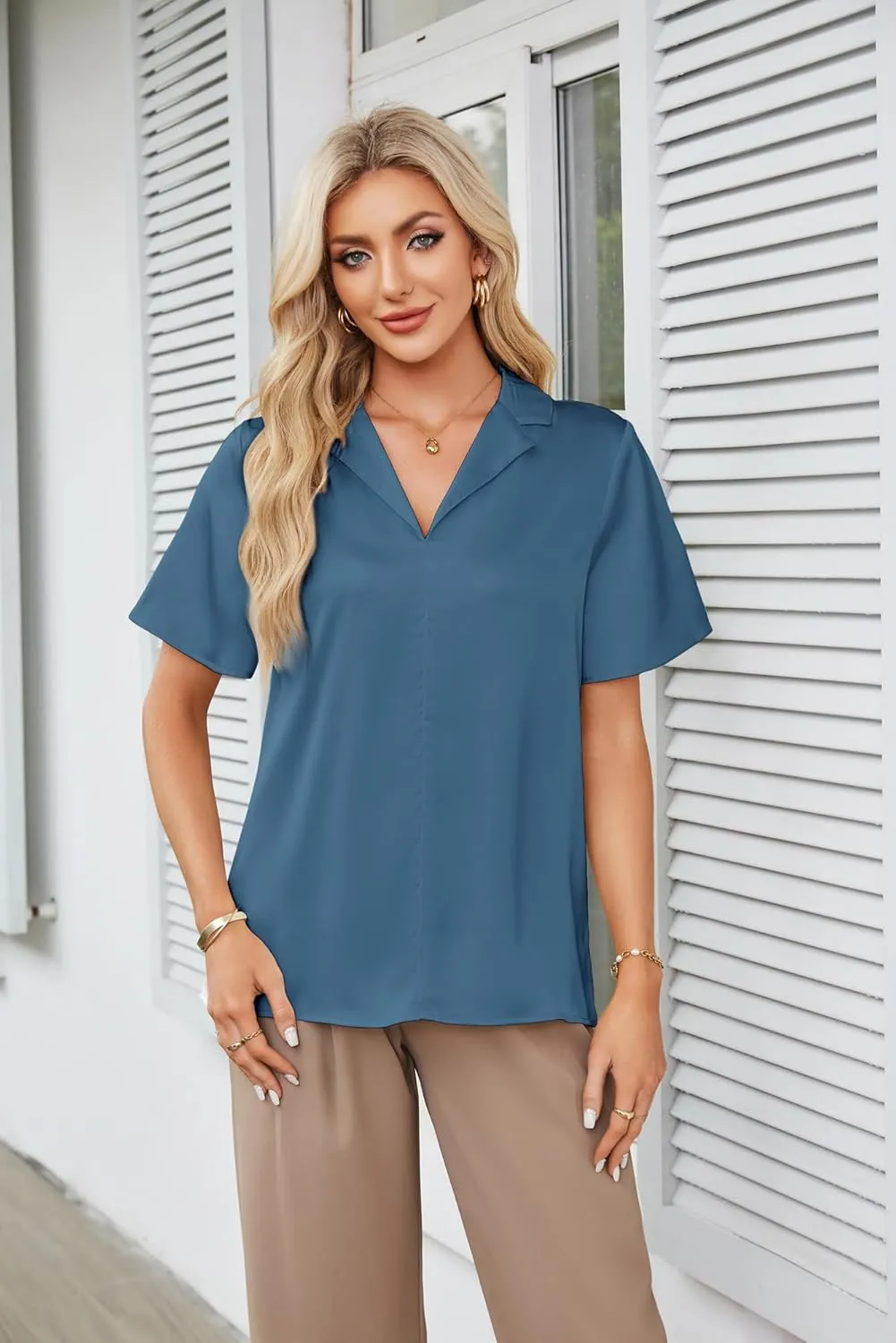 GRACE KARIN Women's Satin Silk Shirts Short Sleeve Casual Work Blouse Lapel V Neck Pullover Tops