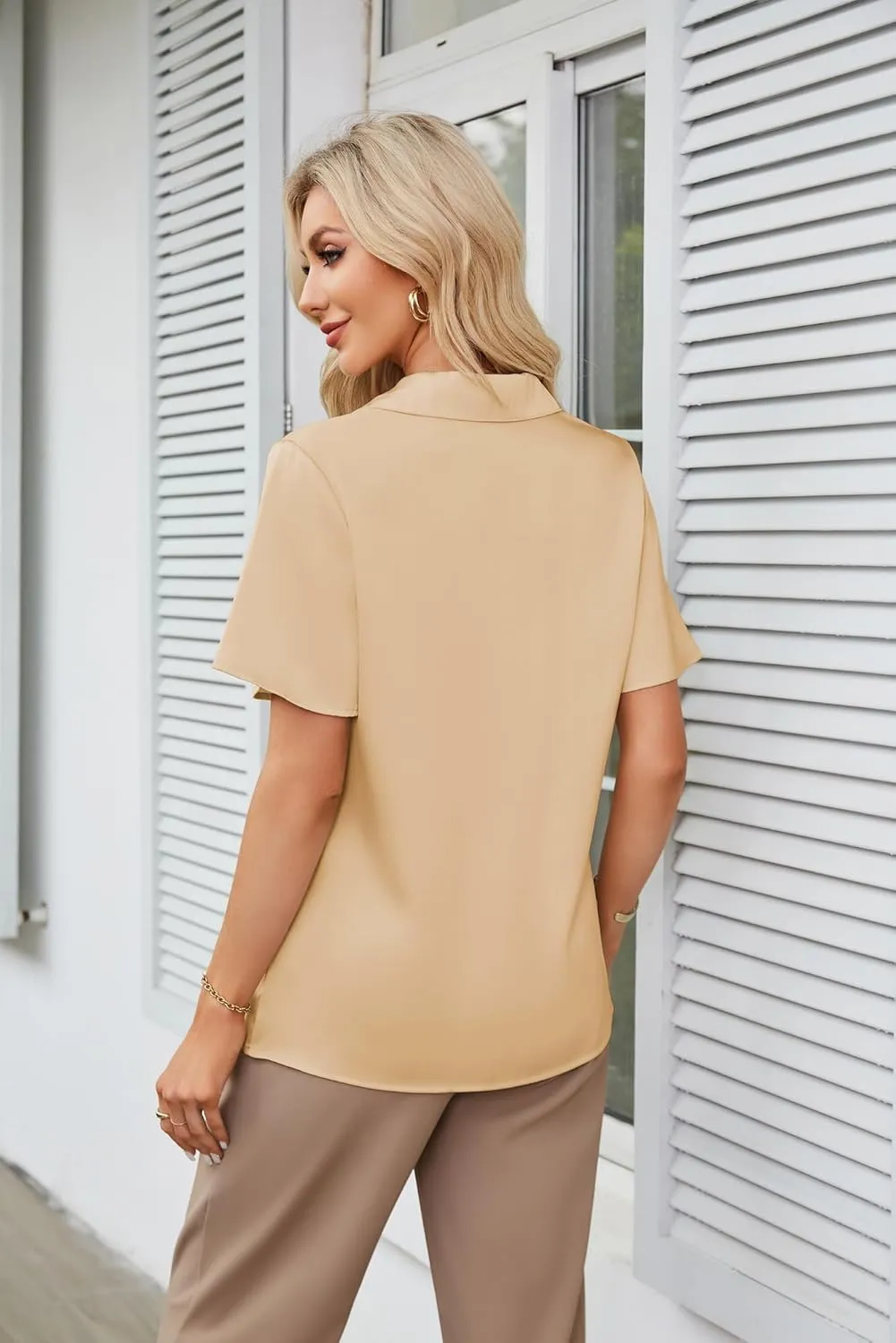 GRACE KARIN Women's Satin Silk Shirts Short Sleeve Casual Work Blouse Lapel V Neck Pullover Tops