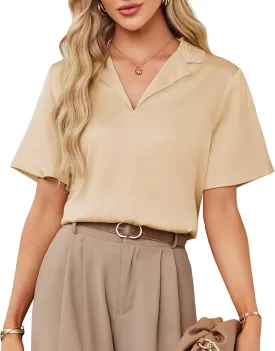 GRACE KARIN Women's Satin Silk Shirts Short Sleeve Casual Work Blouse Lapel V Neck Pullover Tops