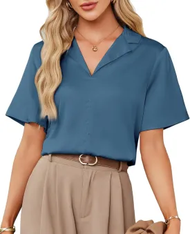 GRACE KARIN Women's Satin Silk Shirts Short Sleeve Casual Work Blouse Lapel V Neck Pullover Tops