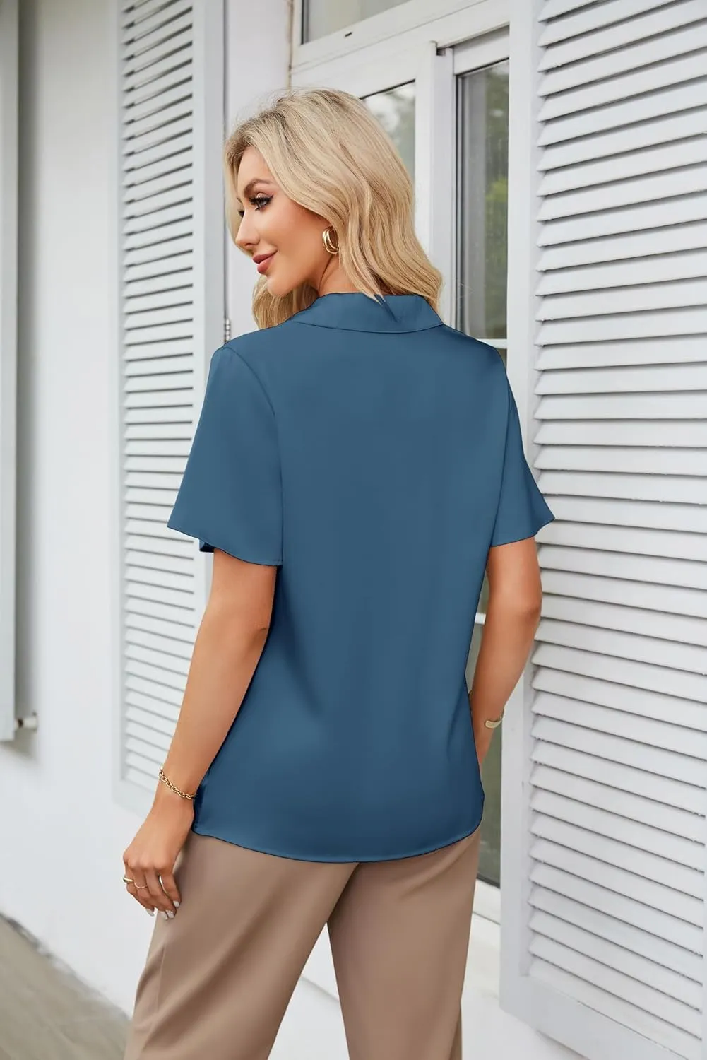 GRACE KARIN Women's Satin Silk Shirts Short Sleeve Casual Work Blouse Lapel V Neck Pullover Tops