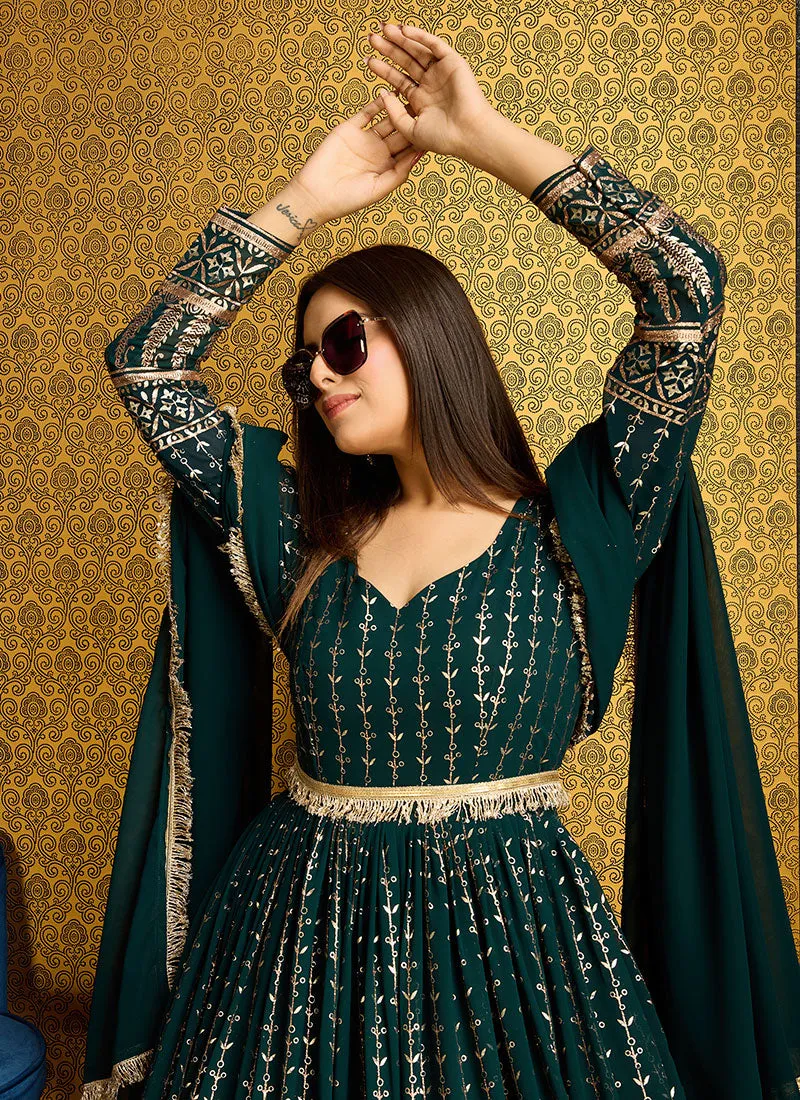 Green Golden Foil Printed Anarkali Gown With Dupatta