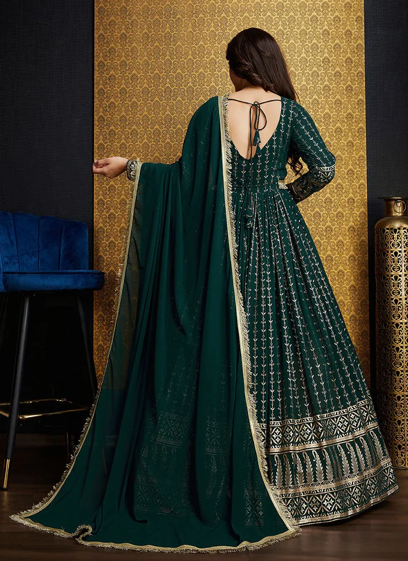 Green Golden Foil Printed Anarkali Gown With Dupatta