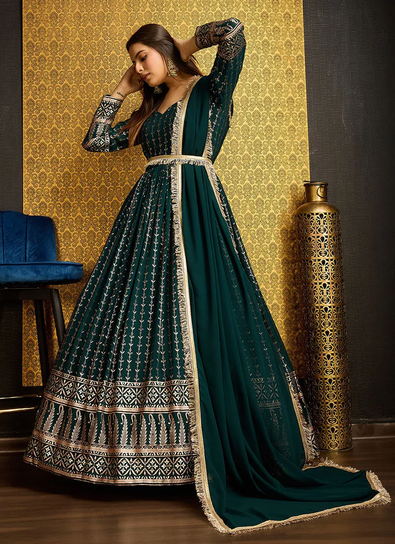 Green Golden Foil Printed Anarkali Gown With Dupatta