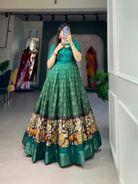 Green Tussar Silk Printed Gown with Woven Border