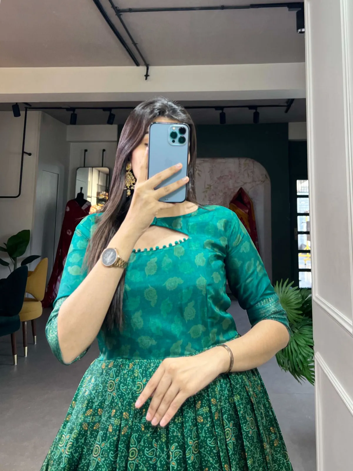 Green Tussar Silk Printed Gown with Woven Border