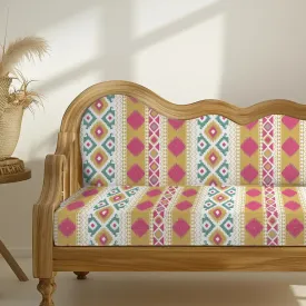Premium Pink & Green Ikkat Geometric Pattern Upholstery Fabric for Sofa and Chair