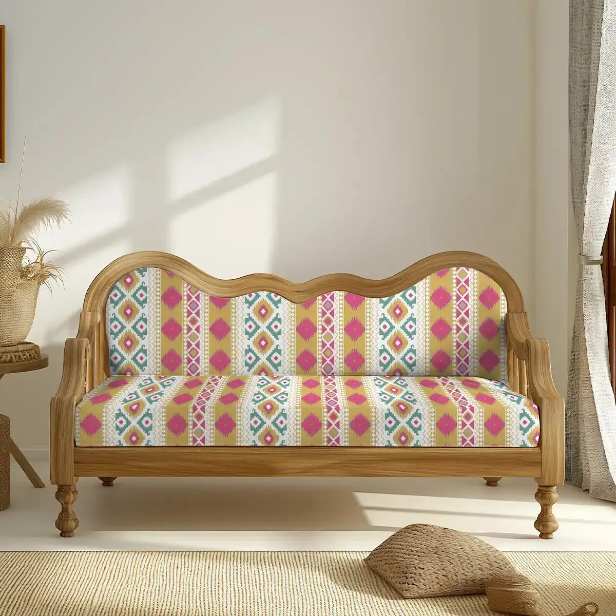 Premium Pink & Green Ikkat Geometric Pattern Upholstery Fabric for Sofa and Chair