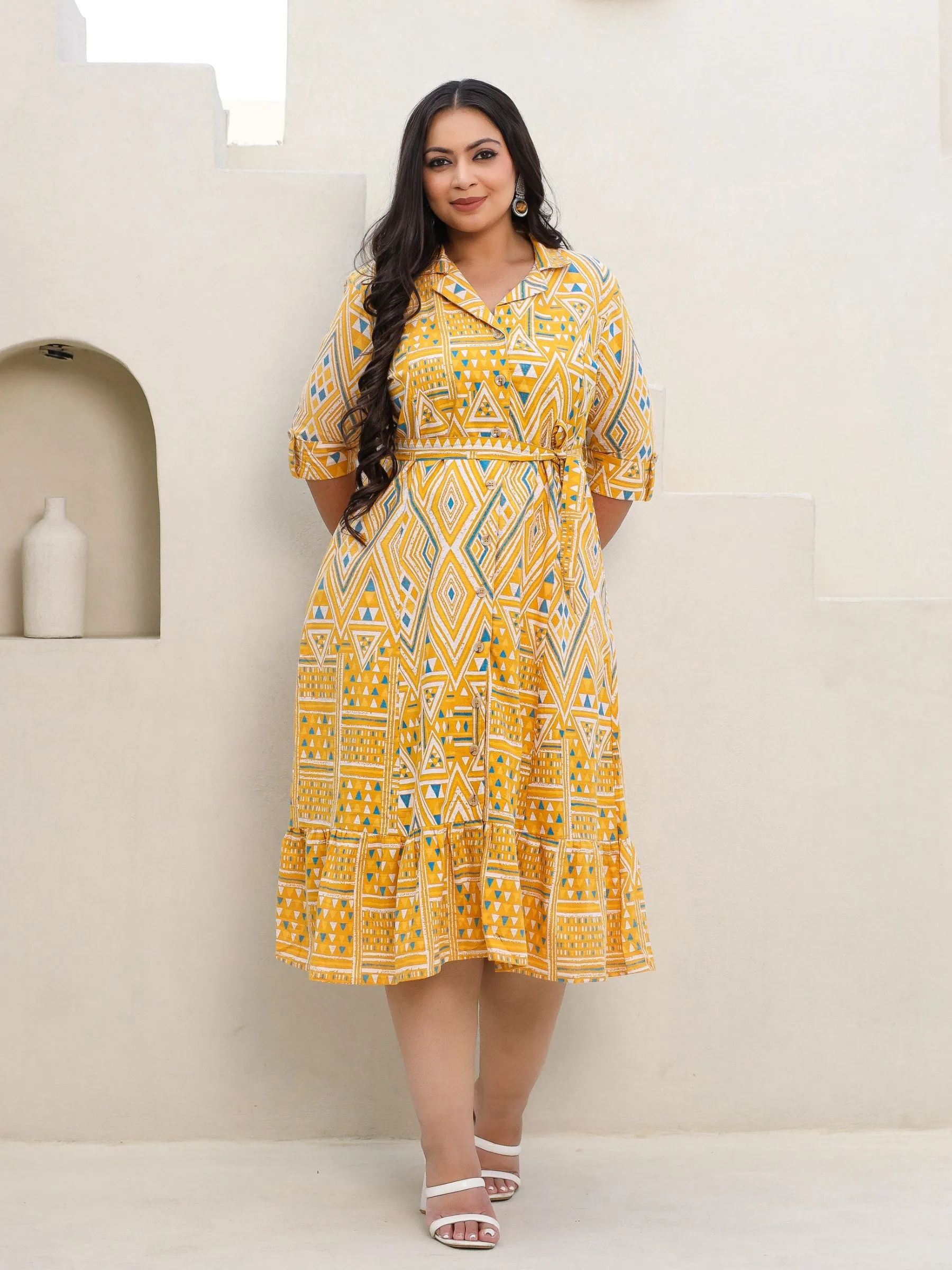 Plus Size Cotton Flex Shirt Dress with Fabric Belt in Juniper Mustard Geometric Print
