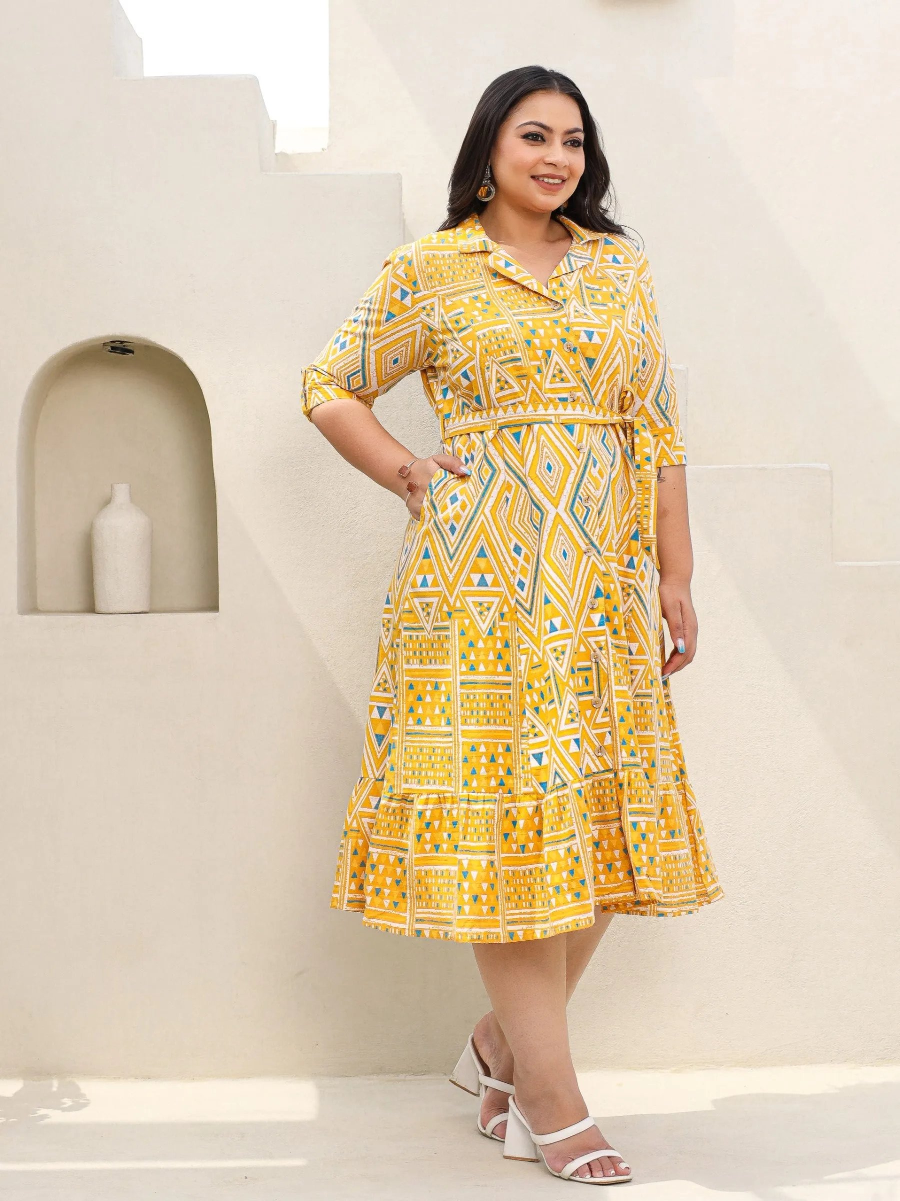 Plus Size Cotton Flex Shirt Dress with Fabric Belt in Juniper Mustard Geometric Print