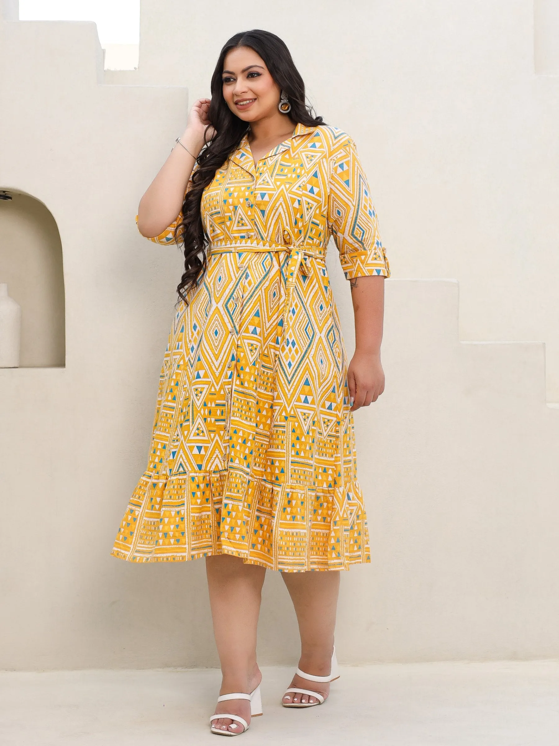 Plus Size Cotton Flex Shirt Dress with Fabric Belt in Juniper Mustard Geometric Print
