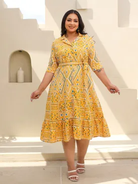 Plus Size Cotton Flex Shirt Dress with Fabric Belt in Juniper Mustard Geometric Print
