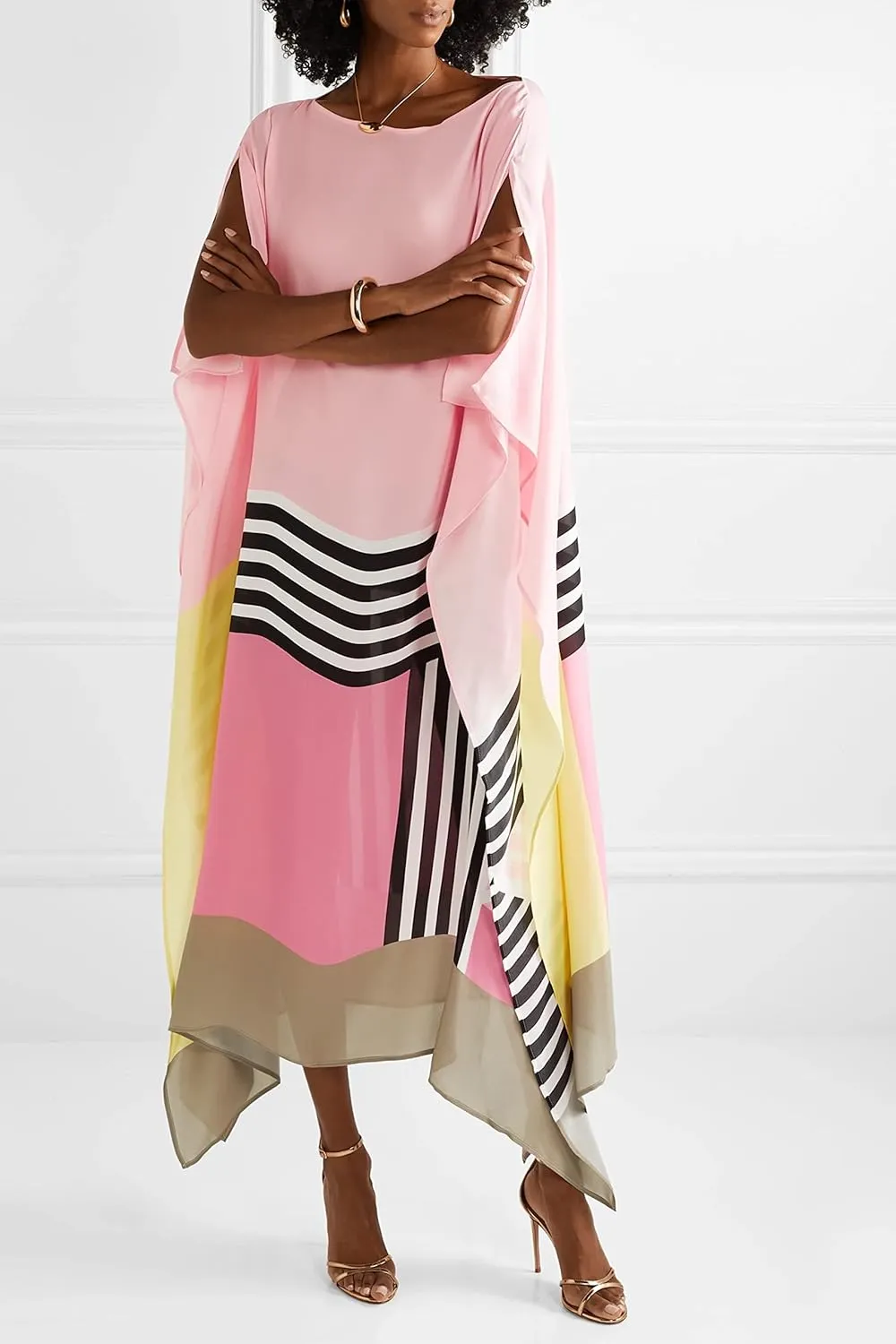 Kaftans for Women, Striped Printed Ankle Length Daily Wear Satin Silk Kaftan for Women, Dubai Dress, Maxi Wedding Dress, Caftanfor Women. Multicolor
