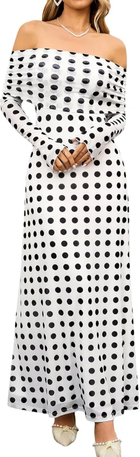 KUTUMAI Women Off Shoulder Bodycon Maxi Dress Long Sleeve Mesh Ruched Party Formal Wedding Guest Dresses