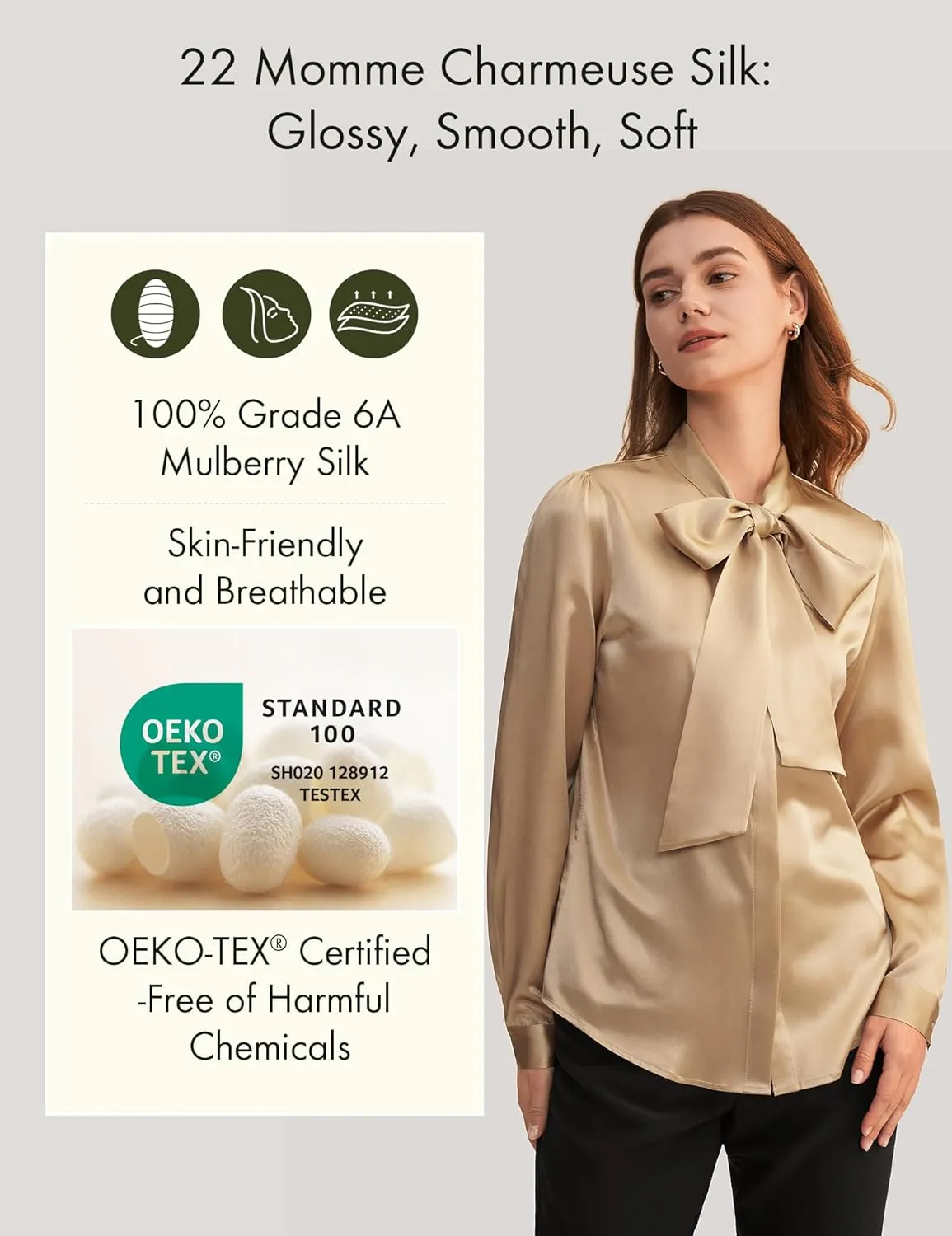 LilySilk Bow-tie Neck Silk Blouse for Women Long Sleeve Ladies Tops Buttons VintageReal Silk Shirts