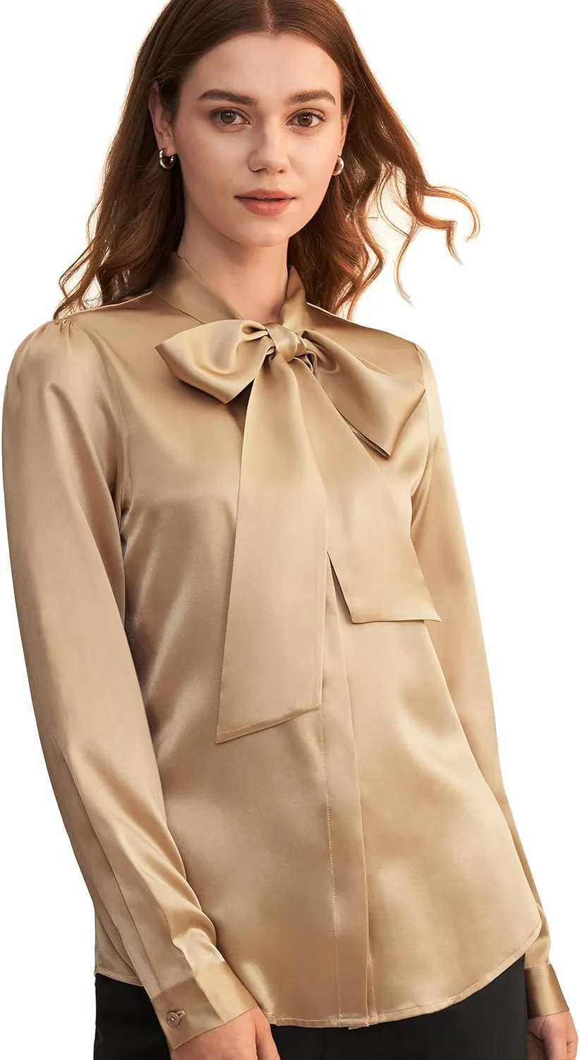 LilySilk Bow-tie Neck Silk Blouse for Women Long Sleeve Ladies Tops Buttons VintageReal Silk Shirts