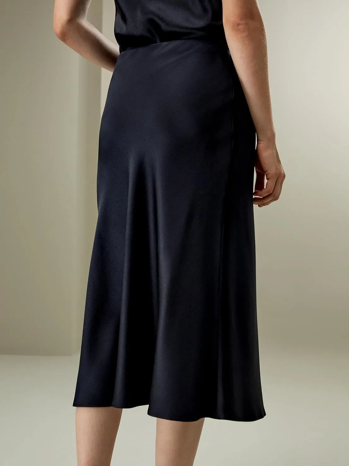LilySilk Silk Midi Skirt Bias-Cut 32Momme Double-Faced 100% Silk Charmeuse Side Slit Hem Waistband