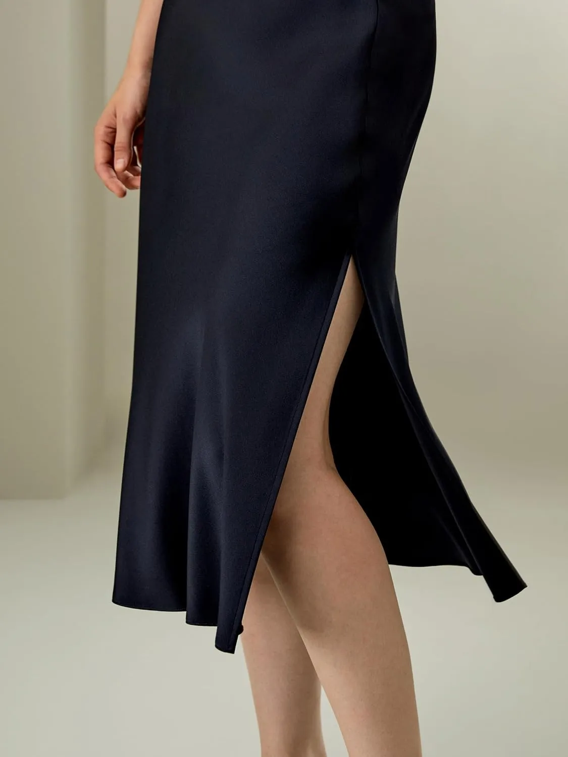 LilySilk Silk Midi Skirt Bias-Cut 32Momme Double-Faced 100% Silk Charmeuse Side Slit Hem Waistband