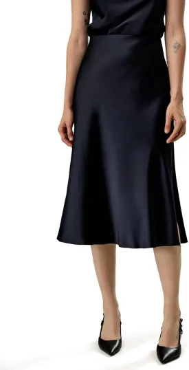LilySilk Silk Midi Skirt Bias-Cut 32Momme Double-Faced 100% Silk Charmeuse Side Slit Hem Waistband