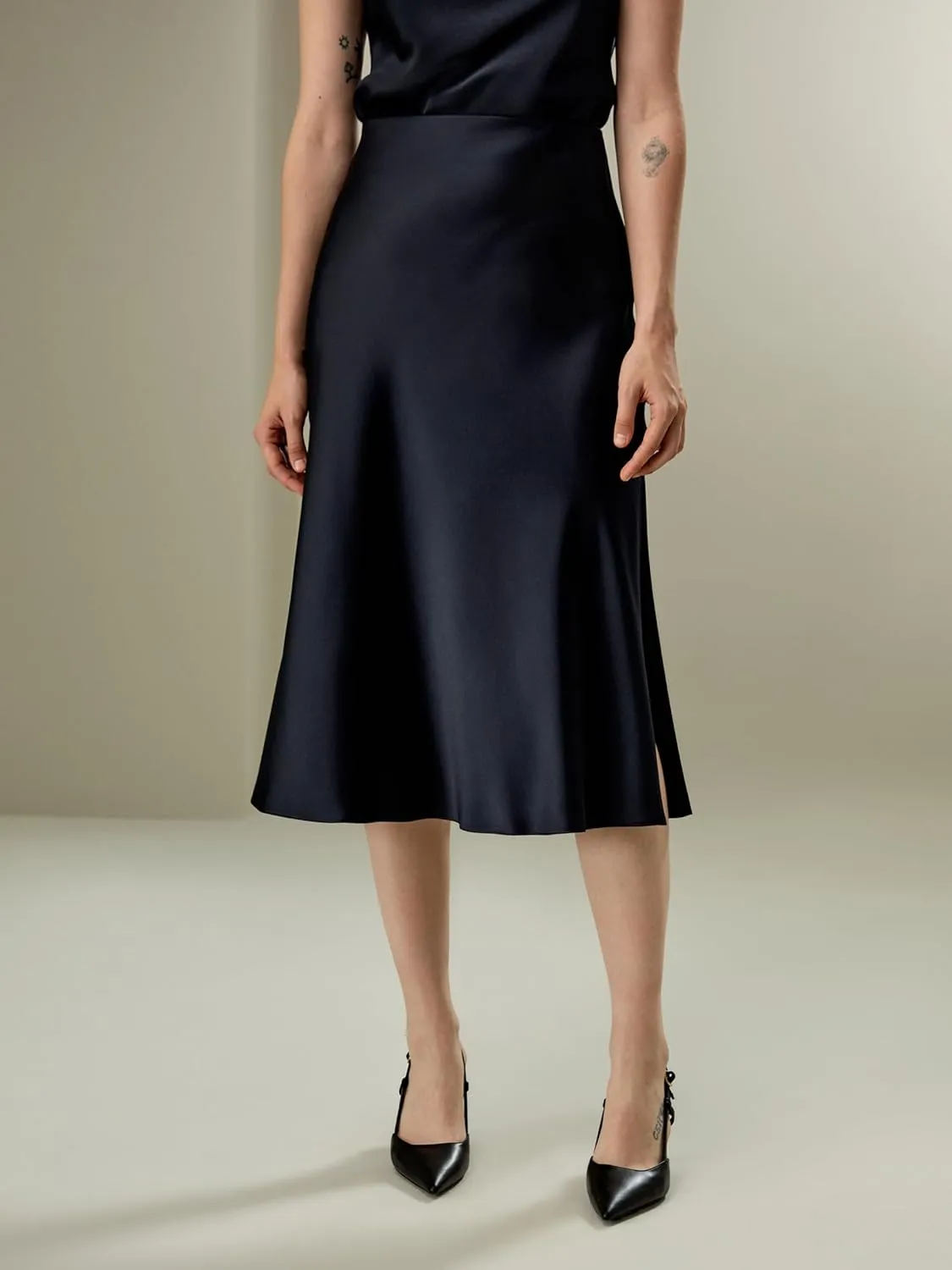 LilySilk Silk Midi Skirt Bias-Cut 32Momme Double-Faced 100% Silk Charmeuse Side Slit Hem Waistband