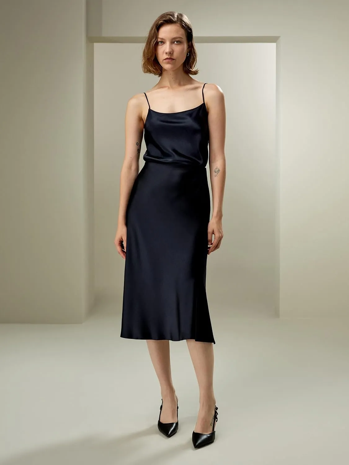 LilySilk Silk Midi Skirt Bias-Cut 32Momme Double-Faced 100% Silk Charmeuse Side Slit Hem Waistband
