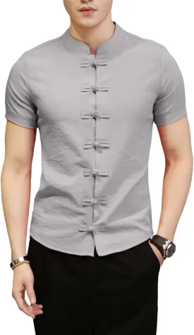 Linen Shirts Men Streetwear Mandarin Collar Men's Shirt with Short Sleeves Slim Fit Chinese Traditional Clothes