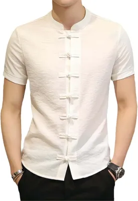 Linen Shirts Men Streetwear Mandarin Collar Men's Shirt with Short Sleeves Slim Fit Chinese Traditional Clothes