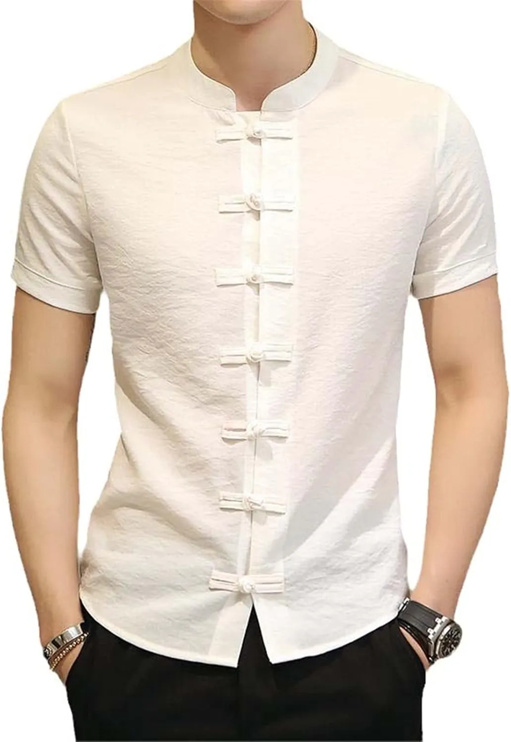 Linen Shirts Men Streetwear Mandarin Collar Men's Shirt with Short Sleeves Slim Fit Chinese Traditional Clothes