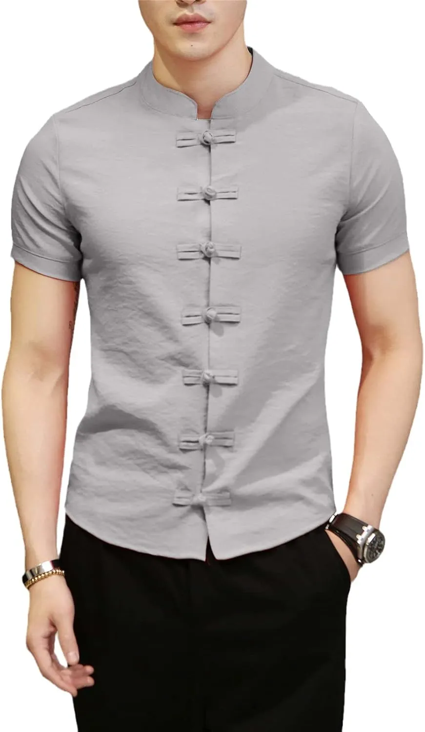 Linen Shirts Men Streetwear Mandarin Collar Men's Shirt with Short Sleeves Slim Fit Chinese Traditional Clothes