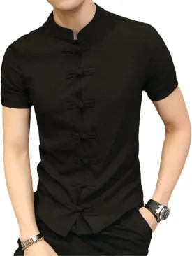 Linen Shirts Men Streetwear Mandarin Collar Men's Shirt with Short Sleeves Slim Fit Chinese Traditional Clothes