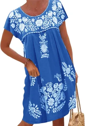 Melliflo Mexican Dress for Women Short Sleeve Floral Embroidered Fiesta Dress Loose Linen Peasant Dresses